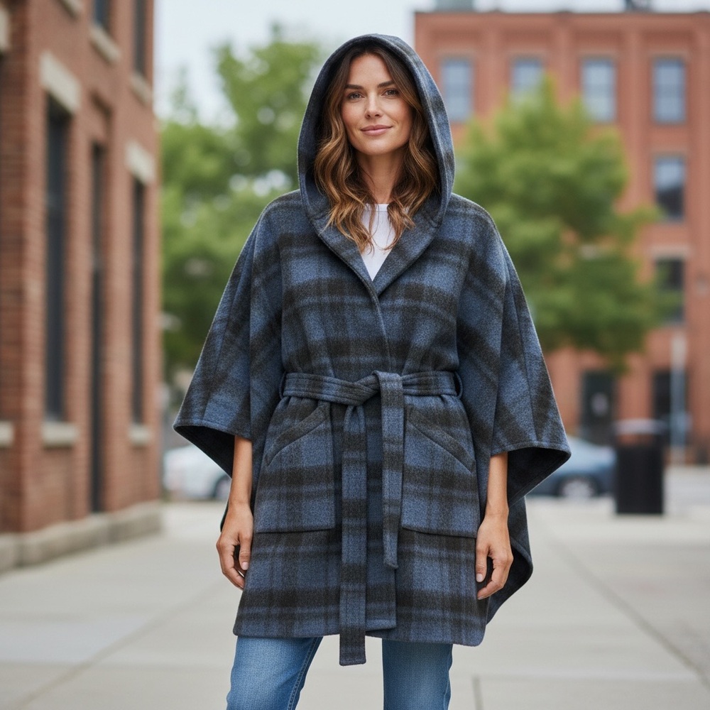 COACH Stylish and Warm Wool/Alpaca Blue/Black Hooded Coat Poncho with Belt M/L